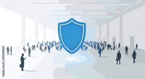 Numerous silhouetted business people are scattered throughout a vast, minimalistic, brightly lit modern hall with a prominent blue shield.