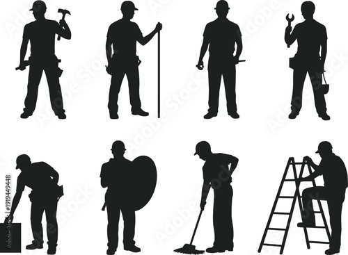 Large collection of black silhouettes featuring construction workers and manual laborers using tools like hammers ladders and brooms isolated on white background for industrial design