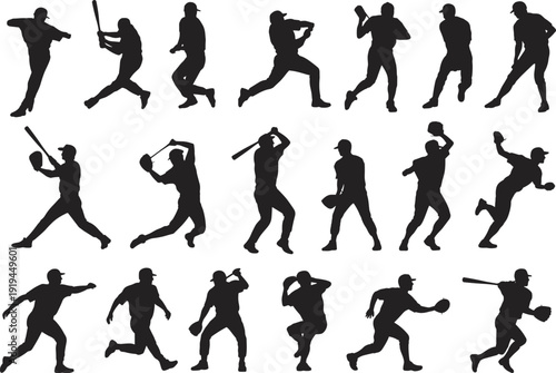 Large collection of black silhouettes featuring baseball players batting pitching catching and running in various action poses isolated on a white background for sports design