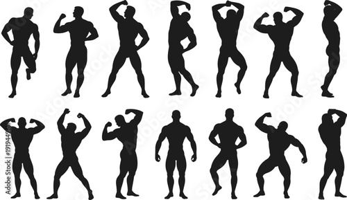 Large collection of black silhouettes featuring muscular male bodybuilders performing various competitive posing routines and flexing muscles isolated on a white background for fitness design