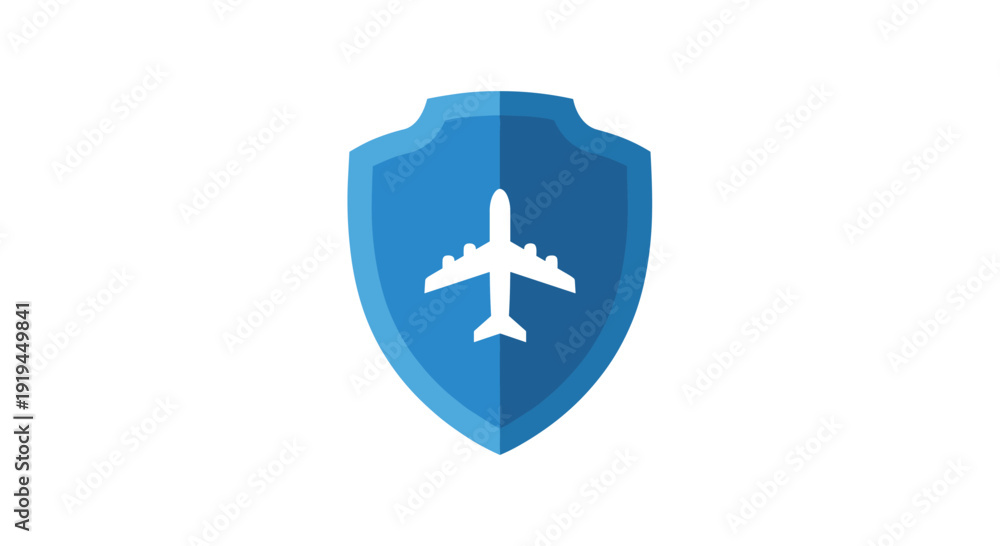 Obraz premium A solid blue shield icon features a white silhouette of an airplane at its center, presented against a clean white background.