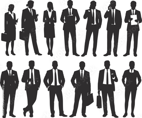 Black silhouettes of diverse business professionals and corporate office workers standing in formal suits isolated on white background for teamwork leadership and career concepts