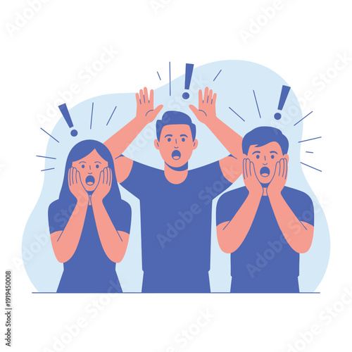 Three shocked individuals express extreme surprise and alarm with hands near their faces.