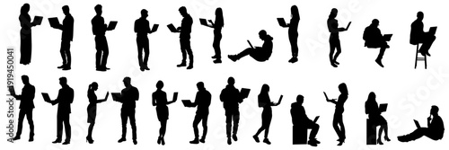 People Using Laptops Silhouettes Vector Collection. Collection of people silhouettes using laptops in different standing and sitting poses. Men and women working, studying and communicating online. 