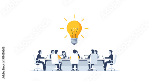 Diverse group of business professionals are seated around a long conference table, actively engaged in a meeting, with a bright glowing lightbulb hovering above them.