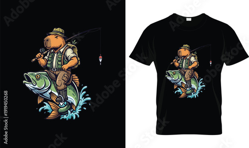 Funny Capybara Fishing Rider t-shirt design tshirt vector illustration logo apparel typography Fishing cartoon capybara angler riding bass fish splash graphic cute animal fisherman printable vector ap