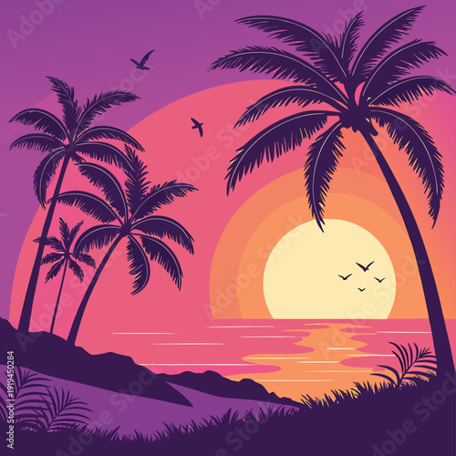 A vibrant tropical sunset landscape featuring palm trees and birds against a purple and orange sky