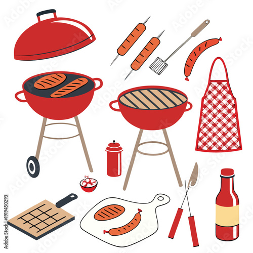 Collection of hand drawn barbecue grill elements and grilling accessories for summer cookout fun