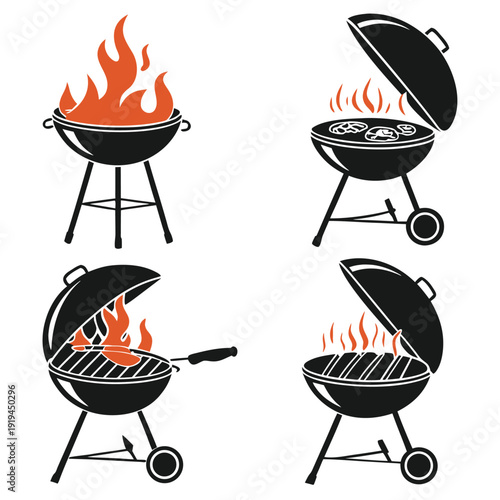 A collection of four various kettle barbecue grill icons featuring flames and cooking surfaces