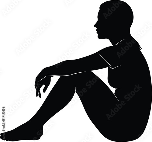 Vector Illustration of Sad Woman Silhouette Sitting on Floor for Loneliness Depression Mental Health Awareness Stress Boredom and Emotional Lifestyle Graphic Designs