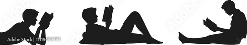 Black silhouettes of young men lying down and sitting while reading books in various relaxed positions isolated on white background for education and literacy