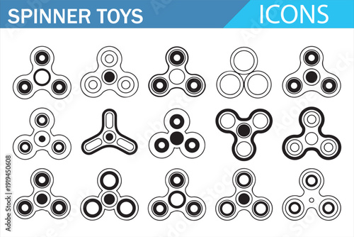 Fidget Spinner Icon Set Outline Vector Collection – Stress Relief Toy Symbols, Line Art Hand Spinner Illustrations Isolated on White Background