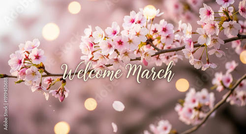 Cherry blossom branch with welcome march text spring floral background soft bokeh
