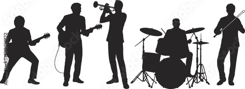 Black silhouettes of a professional music band including guitarists a trumpet player and a drummer performing together isolated on a white background for concert posters