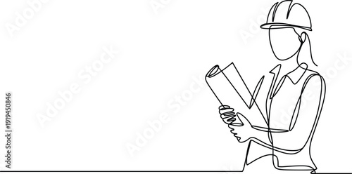 Woman in hard hat holding rolled up blueprint construction architecture