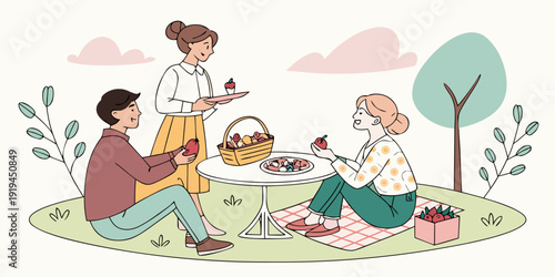 A diverse group of people enjoying a picnic in a park with their pets.