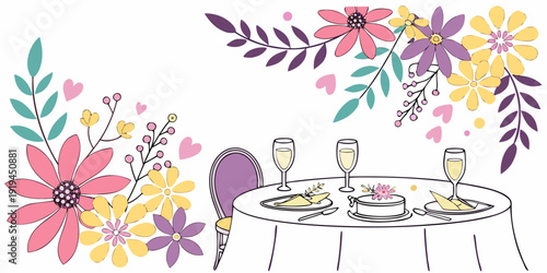 A vibrant illustration of a family enjoying a meal together surrounded by flowers