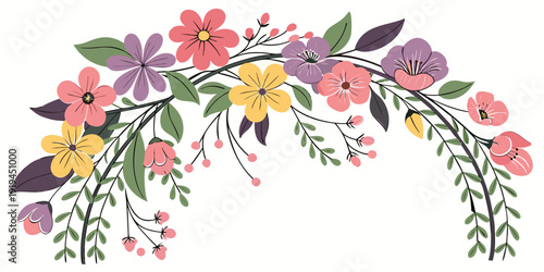 A vibrant and colorful floral archway with a variety of blooming flowers