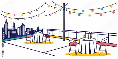 A vibrant outdoor party setup with tables, chairs, and colorful decorations.