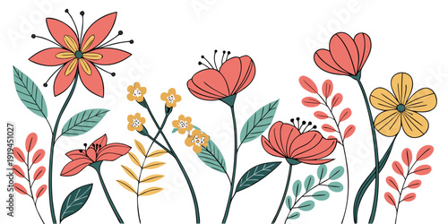 A vibrant bouquet of colorful flowers in a whimsical illustration