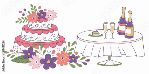 Elegant wedding cake with floral decorations and champagne toast setup.