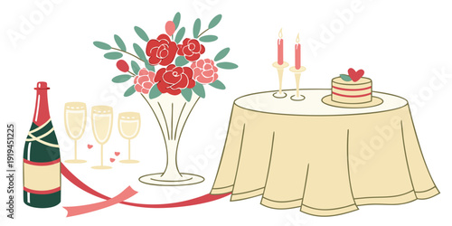 Elegant table setting with flowers, cake, and champagne for a celebration