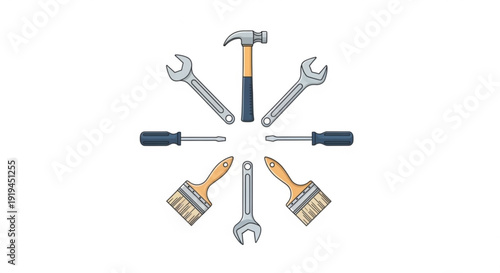 Collection of essential tools for home repair and diy projects including hammer wrenches screwdrivers and paintbrushes arranged in a circle on a white background