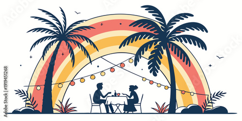 A vibrant beach scene with a rainbow arching over palm trees and people enjoying the sun