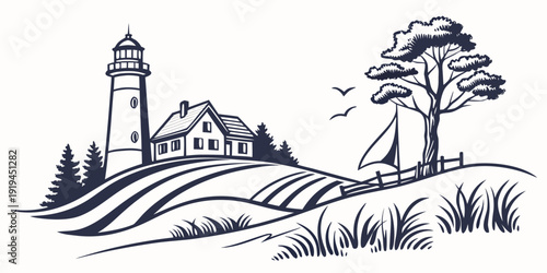 A picturesque lighthouse standing tall on a cliff overlooking a serene coastal landscape