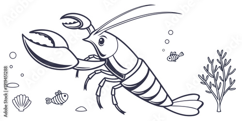 A detailed illustration of a lobster swimming in a vibrant underwater scene