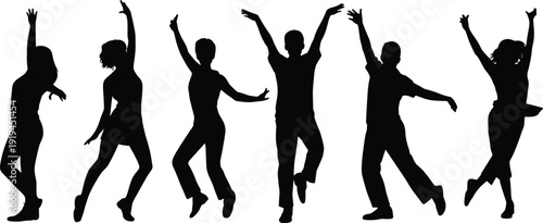 Large group of happy black silhouettes of men and women dancing jumping and celebrating together with arms raised isolated on a white background for party