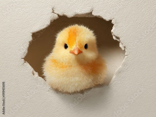 Cute Fluffy Chick Peeking Through Cracked Eggshell Wall – Adorable Easter Concept on White Background