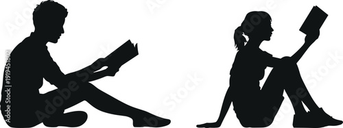 Black silhouettes of a young man and woman sitting on the ground and reading books isolated on a white background for education and literacy concepts