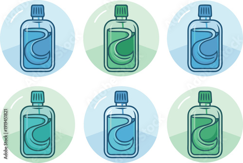 Set of six colorful spray perfume bottles vector isolated on transparent bg