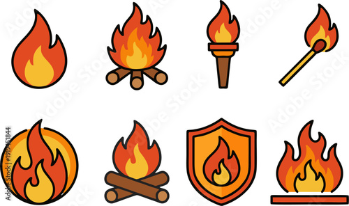 Collection of fire-themed illustrations including flames, torches, and campfires in a graphic style