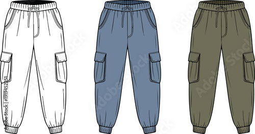 Technical drawing of cargo pants in black and white with two color variations, featuring trousers, bottoms, and fashion design illustration