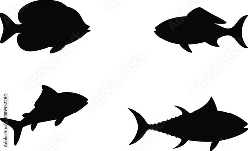 Fish silhouette icons of different species in multiple shapes and fins for marine biology, fishing, and ocean design - flat vector illustration