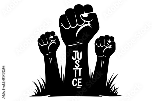 Raised fists emerging from grass symbolizing unity and justice in a powerful illustration
