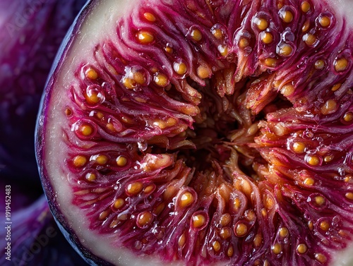 Extreme Macro of Fresh Fig Sliced Open – Juicy Purple Fruit with Glistening Seeds