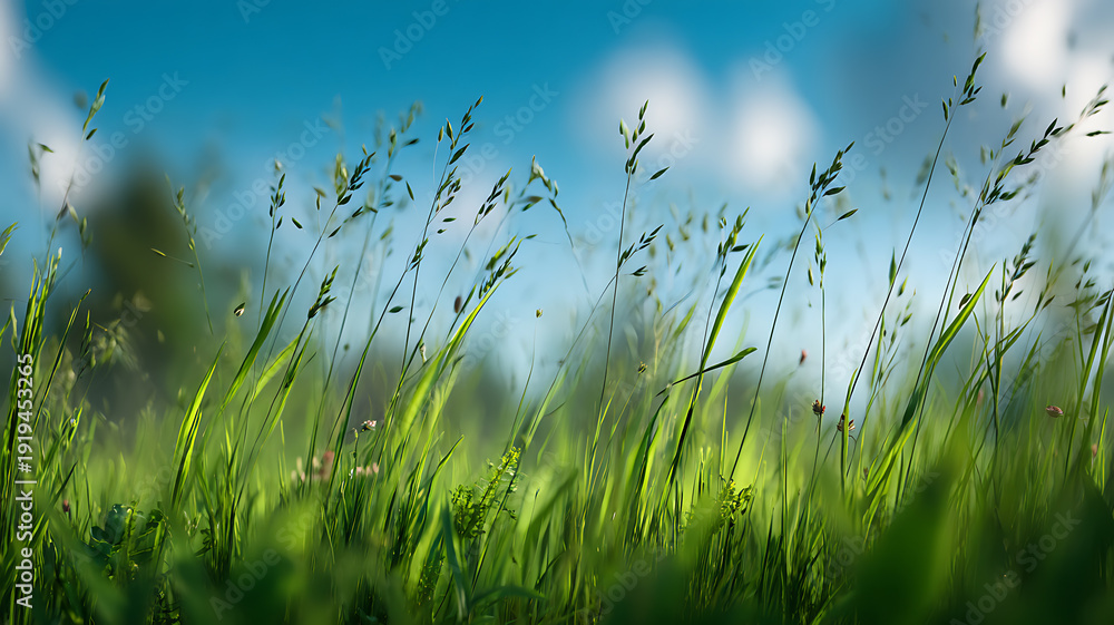 Obraz premium Beautiful green grass swaying gently in the breeze on a sunny day outdoors