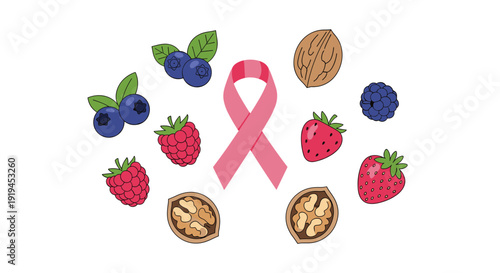 A prominent pink breast cancer awareness ribbon is centrally surrounded by scattered healthy foods including berries and walnuts.