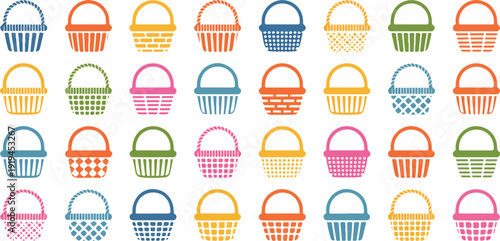 Wicker basket icon set with woven picnic and shopping basket designs, featuring decorative handle patterns, black silhouette and outline illustrations