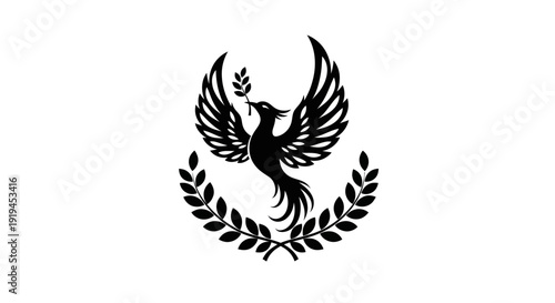 Soaring bird emblem with olive branch