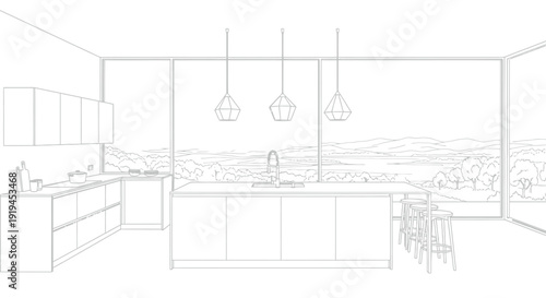 Modern kitchen interior design featuring clean lines contemporary cabinetry an island sink and panoramic window view of nature