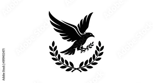 Soaring bird emblem with olive branch