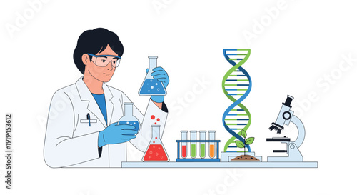 A focused female scientist wearing safety glasses and a lab coat carefully holds a flask of blue liquid next to a prominent DNA helix and a microscope.