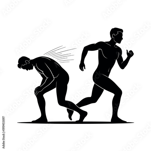 Two athletic silhouettes illustrate transformation from slumped posture to powerful forward.