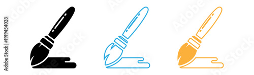 Paintbrush icon set. Includes black, blue, and orange brushes. Created in simple line style with colorful palette.