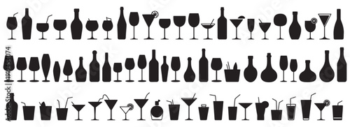 Alcohol drink glasses and bottles silhouette set, cocktail icons, wine, beer, spirits, bar glassware, vector illustration