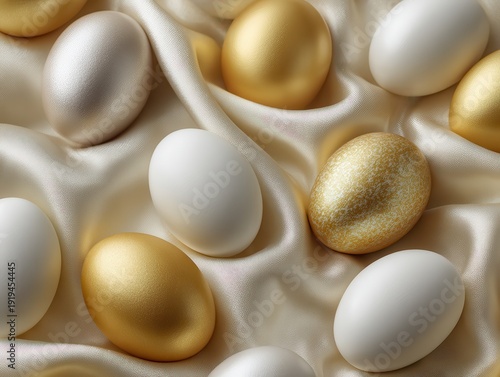 Luxury Gold and White Easter Eggs on Silk Fabric – Elegant Minimal Holiday Flat Lay Background